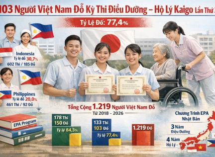 Kỳ thi quốc gia Điều dưỡng – Hộ lý (Kaigo) lần thứ 38 có 103 người Việt Nam đỗ, tỷ lệ đỗ đạt 77,4%.